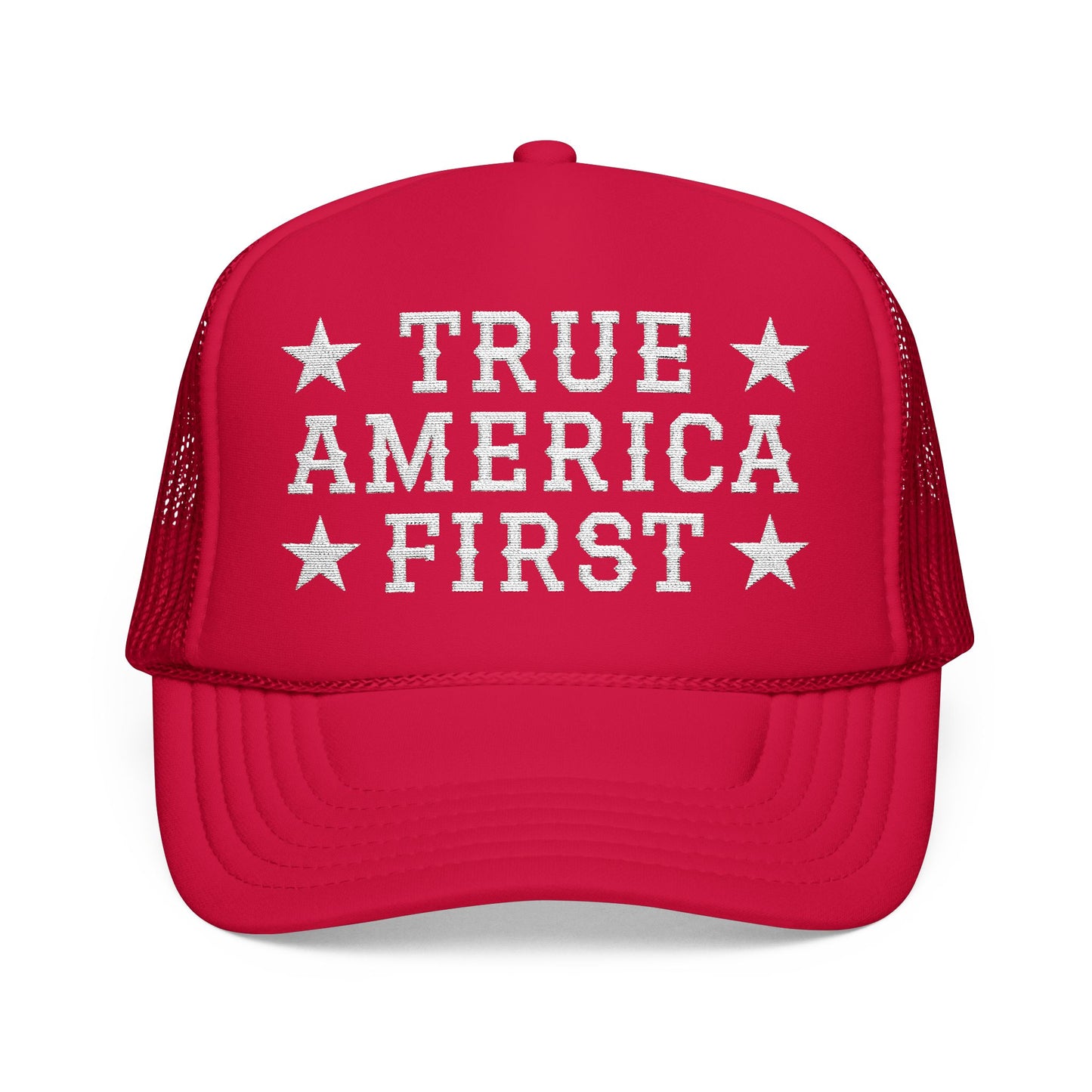 True America First Embroidered Trucker Hat - Patriotic Red Mesh Cap