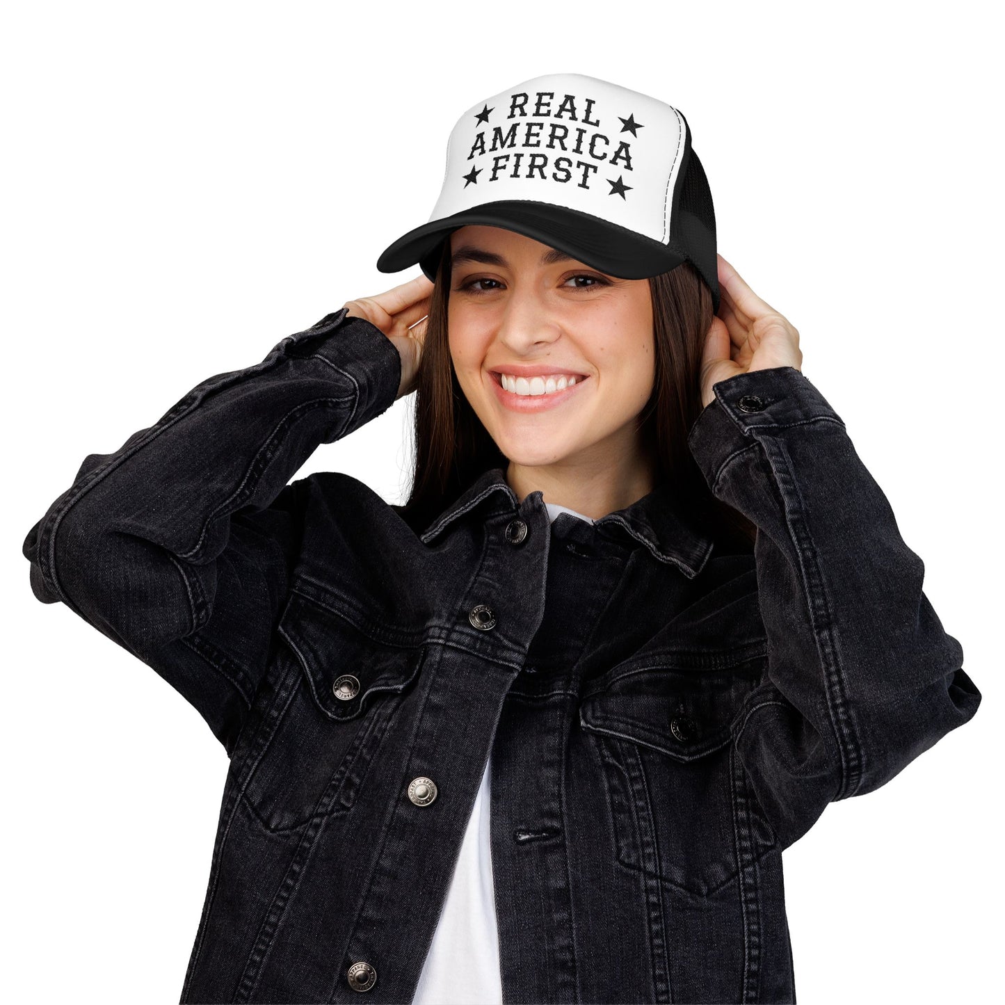 Real America First black Embroidered Trucker Hat