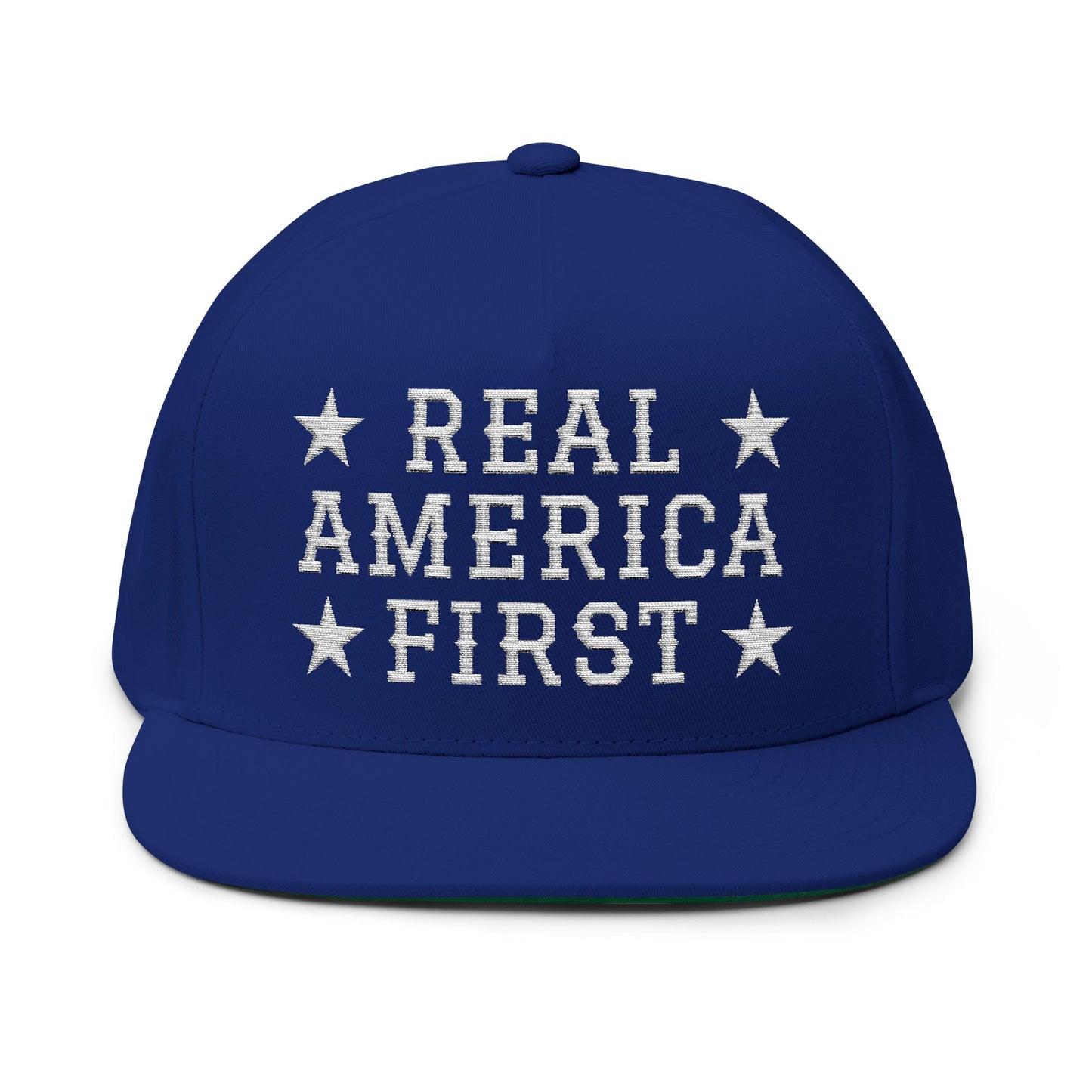 "Real America First" Embroidered Patriotic Snapback Flat Bill Cap | Five-Panel High-Profile
