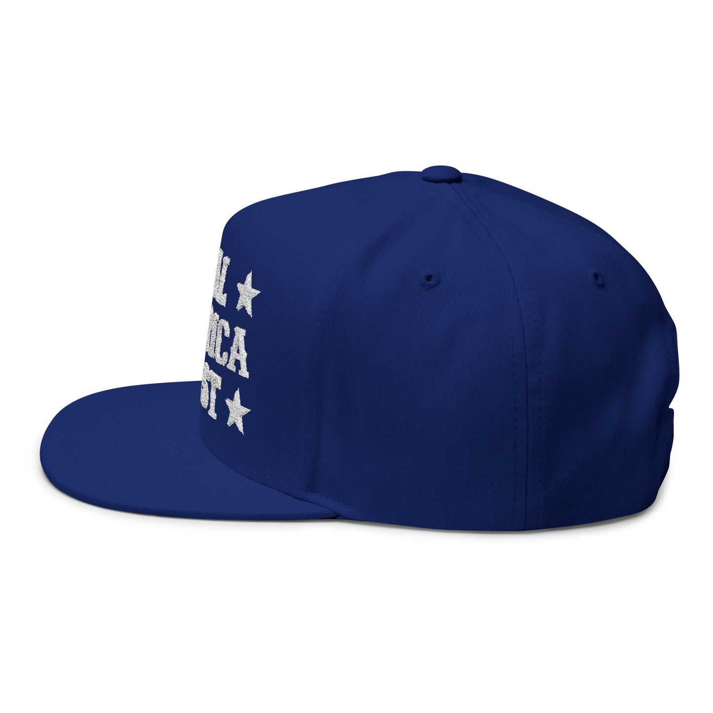 "Real America First" Embroidered Patriotic Snapback Flat Bill Cap | Five-Panel High-Profile