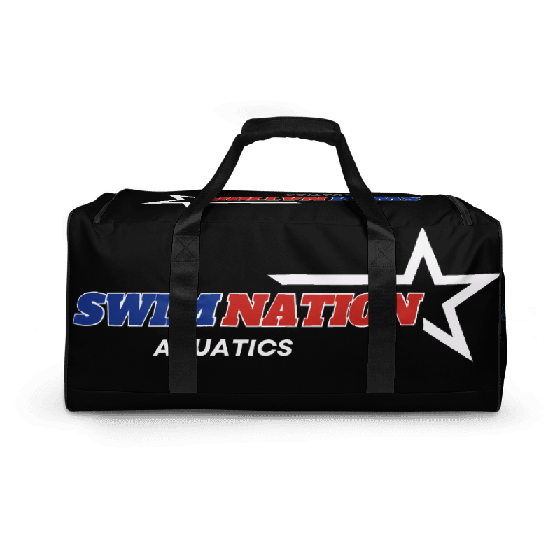 Black duffel bag with 'Swim Nation Aquatics' branding on a white background