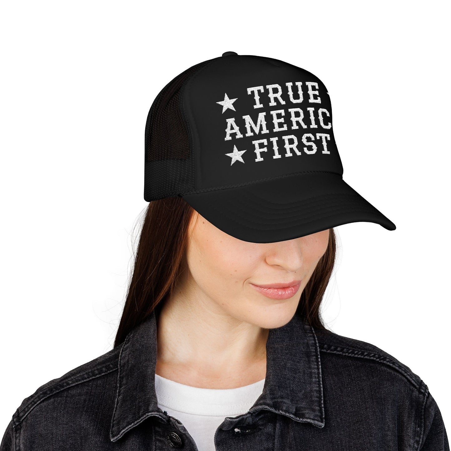 True America First Embroidered Trucker Hat - Patriotic Red Mesh Cap