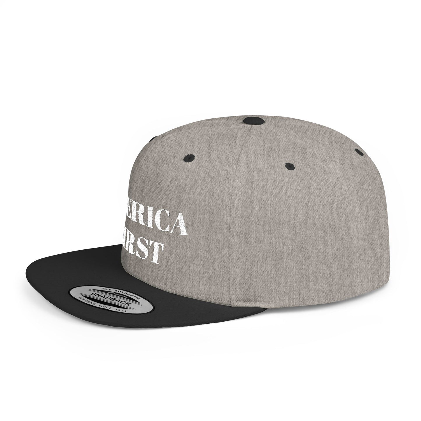 Personalized America First Flat Bill Snapback Hat — Patriotic Distressed Baseball Cap