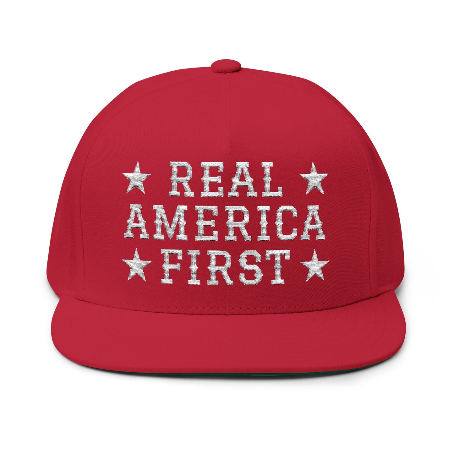 "Real America First" Embroidered Patriotic Snapback Flat Bill Cap | Five-Panel High-Profile