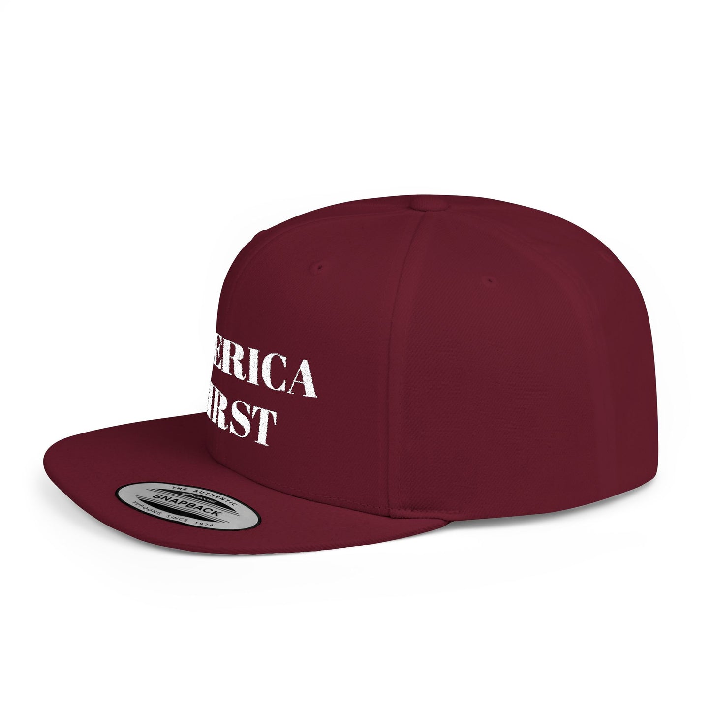 Personalized America First Flat Bill Snapback Hat — Patriotic Distressed Baseball Cap