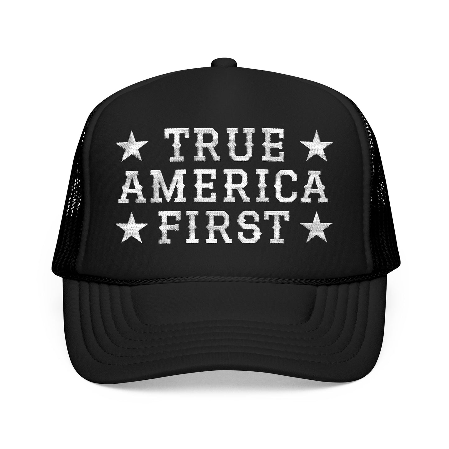 True America First Embroidered Trucker Hat - Patriotic Red Mesh Cap