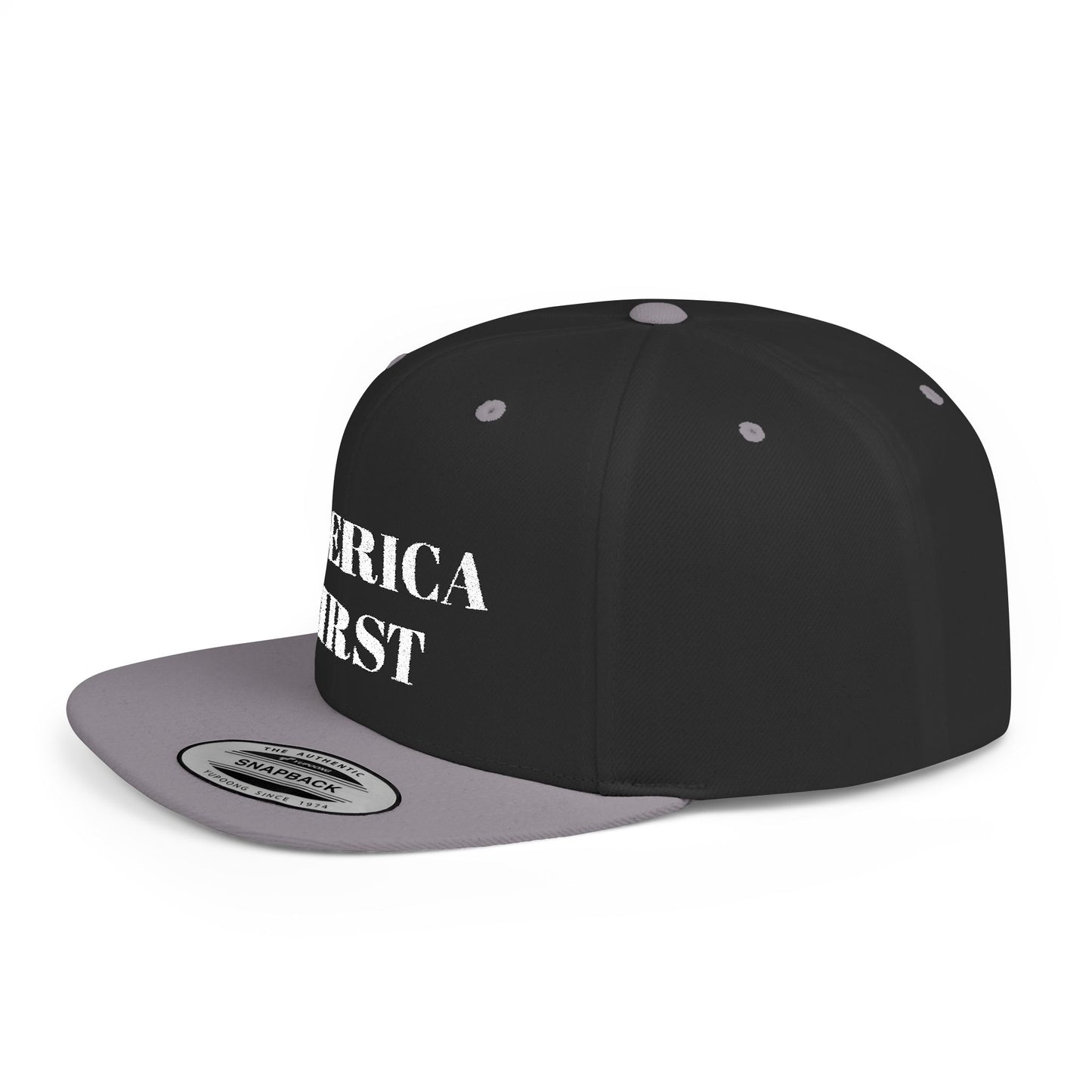 Personalized America First Flat Bill Snapback Hat — Patriotic Distressed Baseball Cap