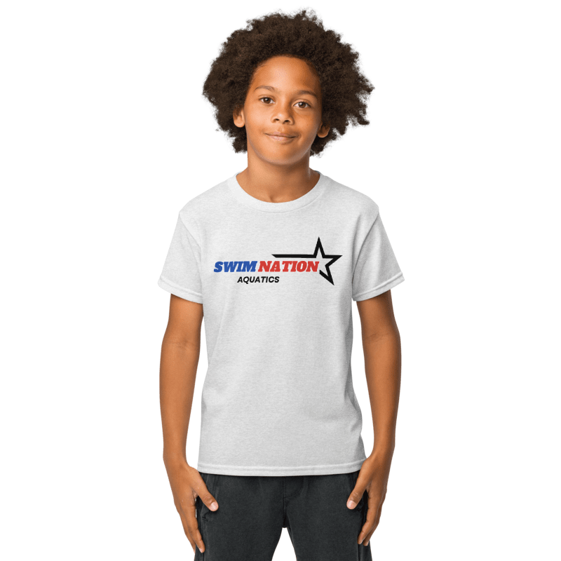 Child wearing a white t-shirt with 'Swim Nation Aquatics' logo on a white background