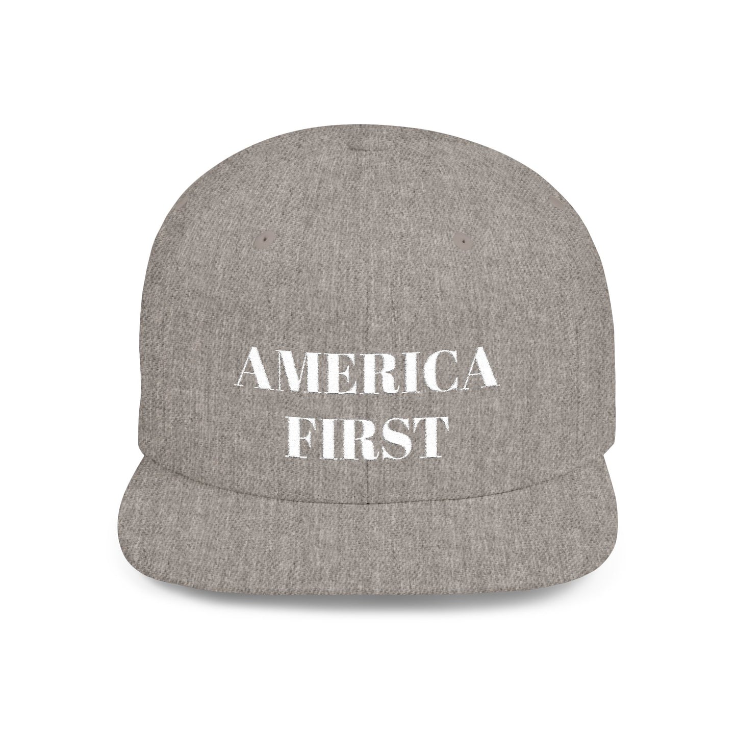 Personalized America First Flat Bill Snapback Hat — Patriotic Distressed Baseball Cap