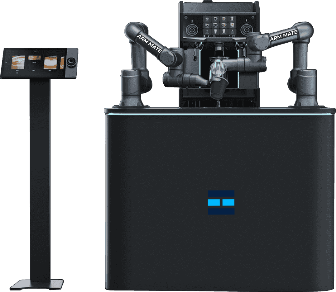ZA RoboBarista AI robotic coffee machine with dual arm mate preparing latte drinks