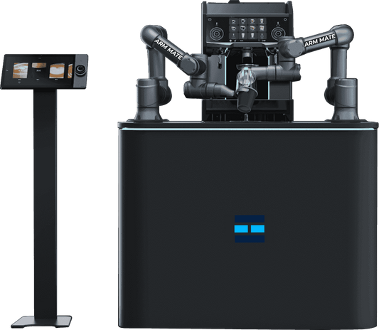 ZA RoboBarista AI robotic coffee machine with dual arm mate preparing latte drinks