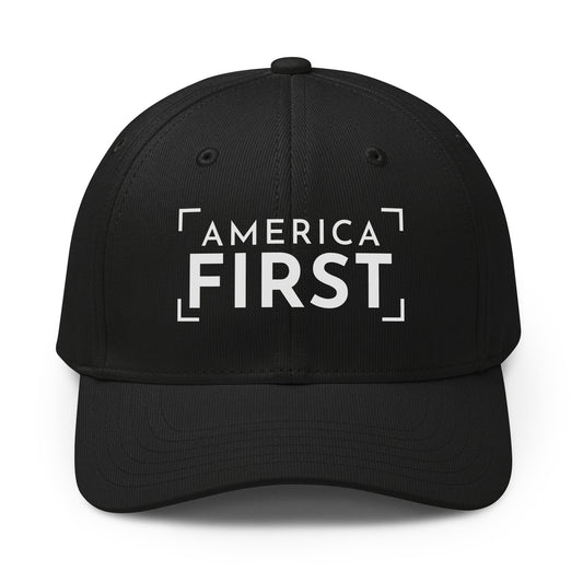 America First Bracket Printed Adidas Cap Black front | True American