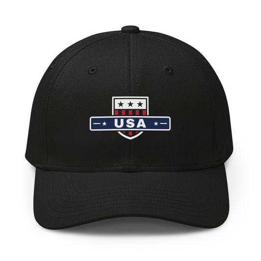 USA Shield Premium Printed adidas Cap Black front | True American