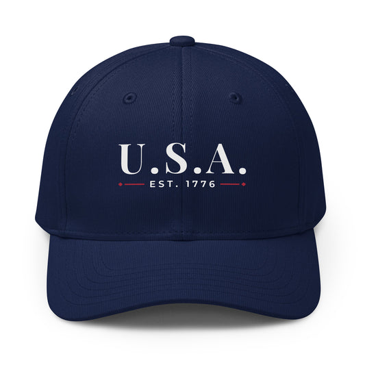USA Serif Premium Printed adidas Cap Team Navy Blue front | True American