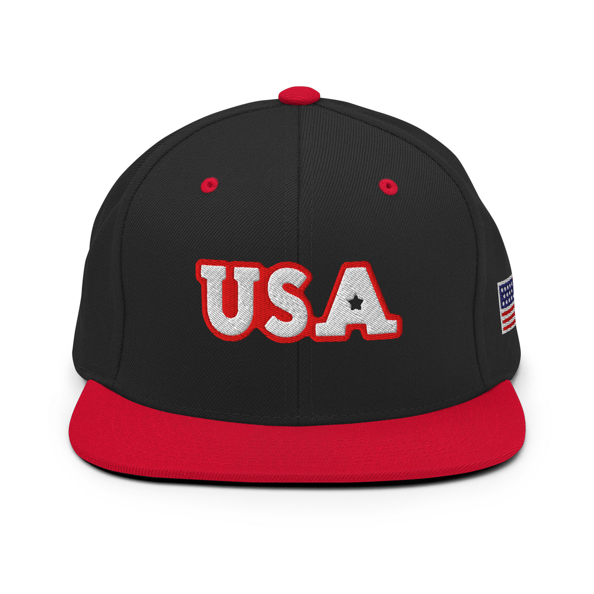 USA Puff Star A Varsity Premium Embroidered Snapback in Black/Red front | True American