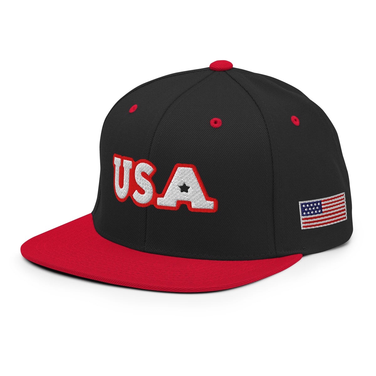 USA Puff Star A Varsity Premium Embroidered Snapback in Black/Red left front with side flag | True American