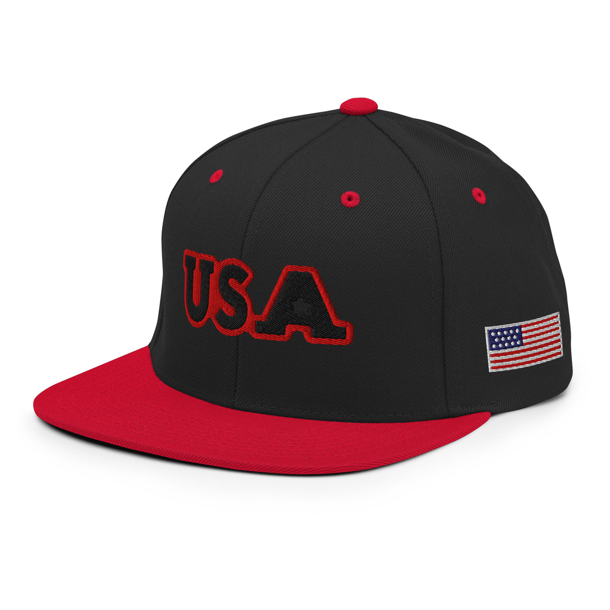 USA Puff Tonal Premium Embroidered Snapback in Black/Red left front with side flag | True American