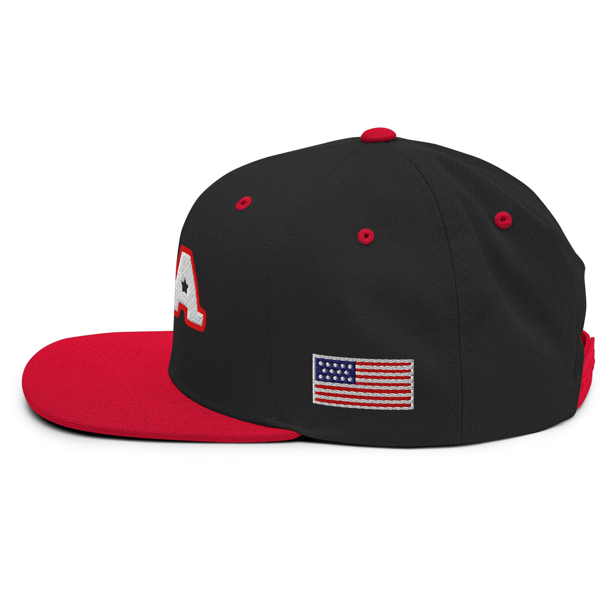 USA Puff Star A Varsity Premium Embroidered Snapback in Black/Red left side flag | True American