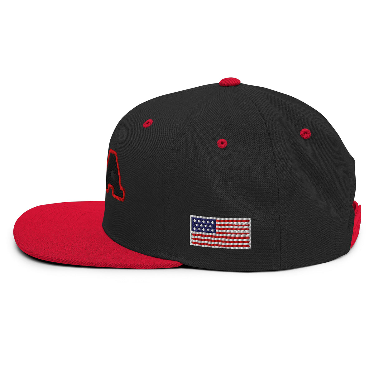 USA Puff Tonal Premium Embroidered Snapback in Black/Red left side flag | True American