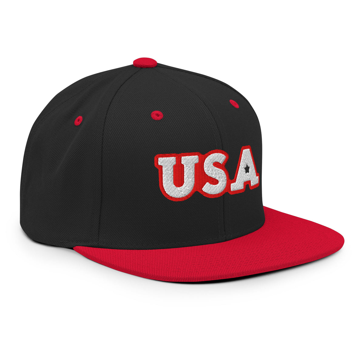 USA Puff Star A Varsity Premium Embroidered Snapback in Black/Red right front | True American