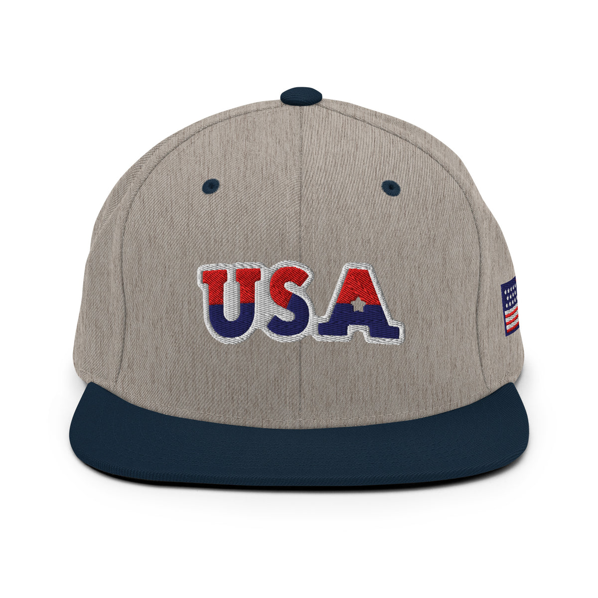 USA Puff Arched Split Premium Embroidered Snapback in Heather Grey/Navy front | True American