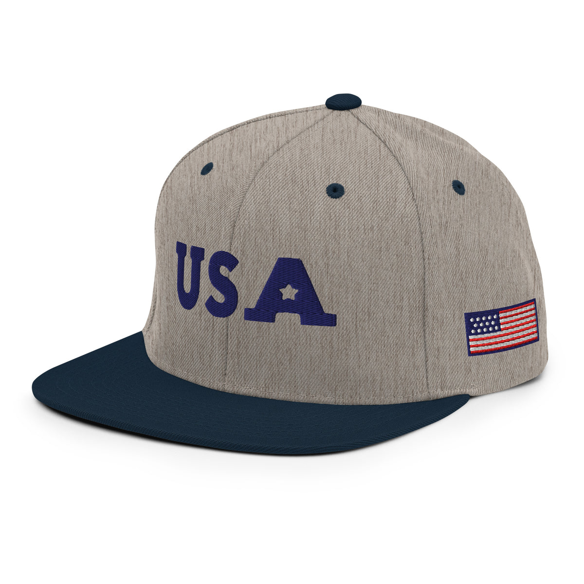 USA Puff Star Crown Premium Embroidered Snapback in Heather Grey/Navy left front with side flag | True American