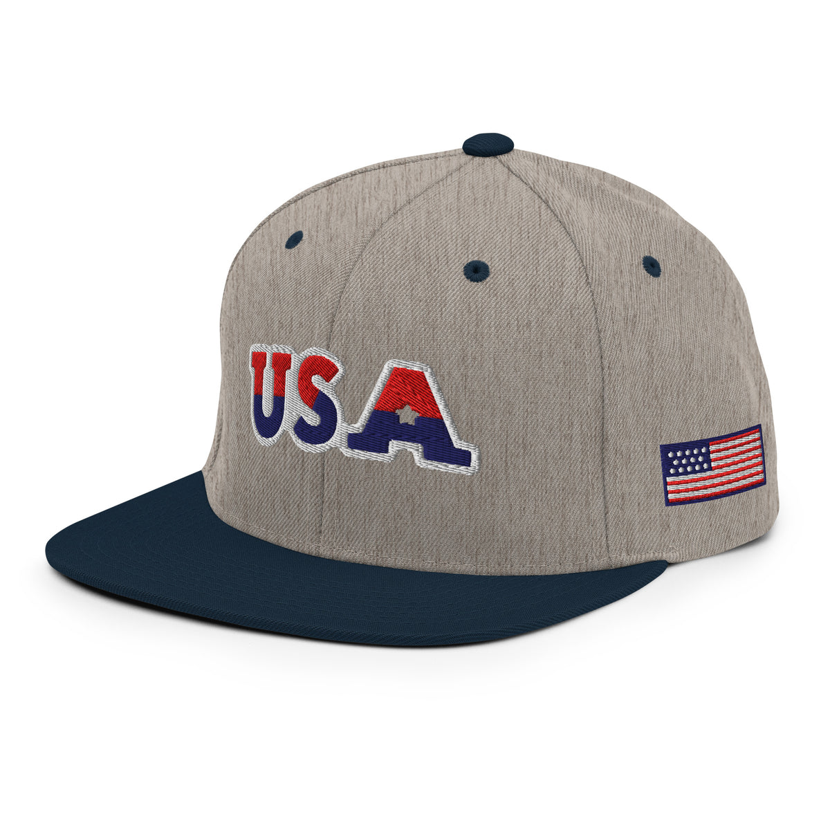 USA Puff Arched Split Premium Embroidered Snapback in Heather Grey/Navy left front with side flag | True American