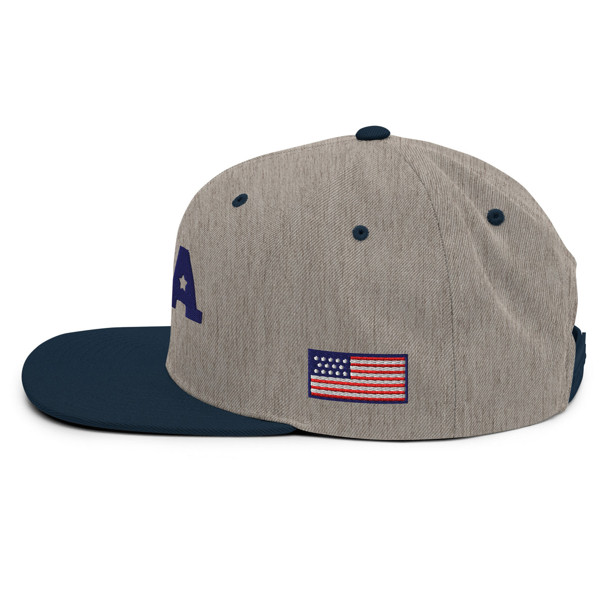 USA Puff Star Crown Premium Embroidered Snapback in Heather Grey/Navy left side flag | True American