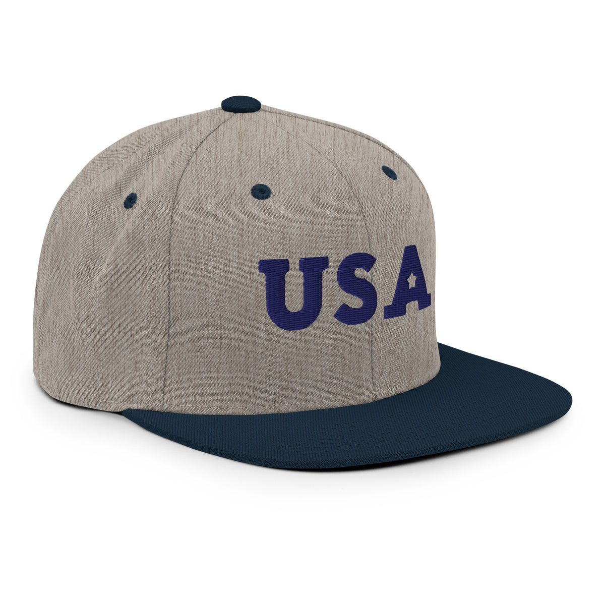 USA Puff Star Crown Premium Embroidered Snapback in Heather Grey/Navy right front | True American