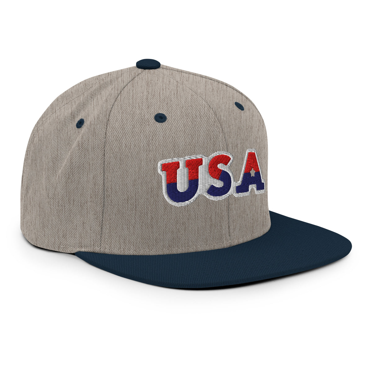 USA Puff Arched Split Premium Embroidered Snapback in Heather Grey/Navy right front | True American