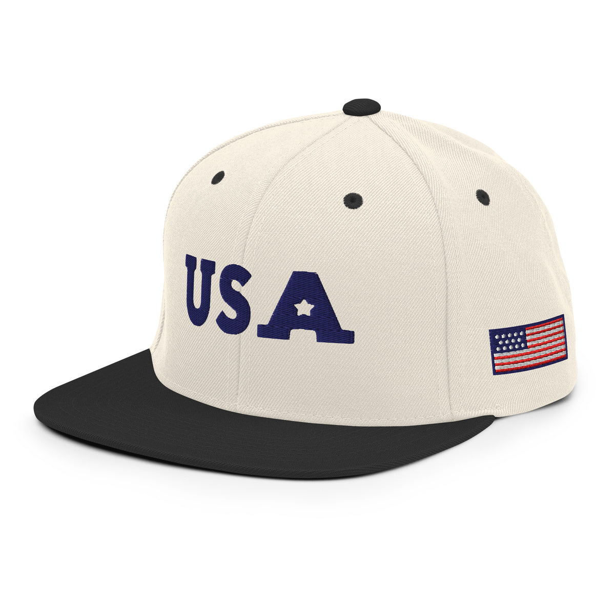 USA Puff Star Crown Premium Embroidered Snapback in Natural/Black left front with side flag | True American