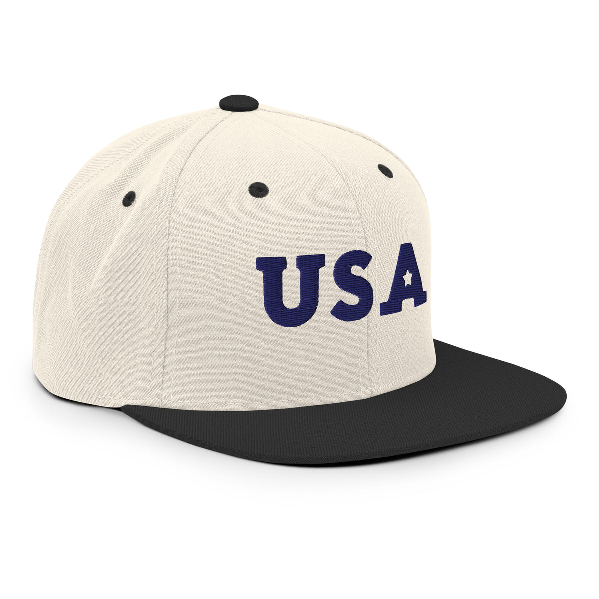 USA Puff Star Crown Premium Embroidered Snapback in Natural/Black right front | True American