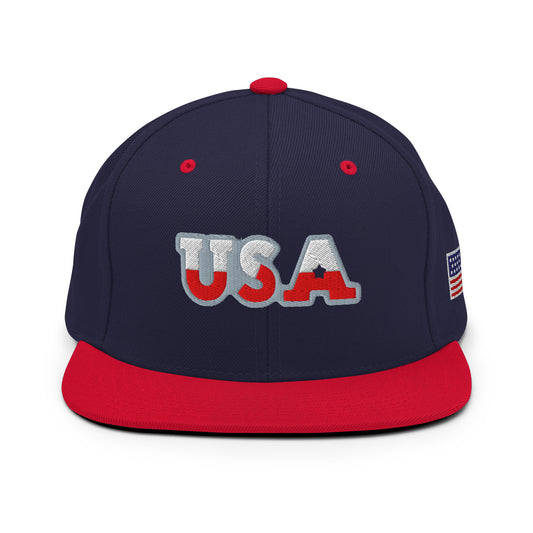 USA Puff Heritage Split Premium Embroidered Snapback in Navy/Red front | True American