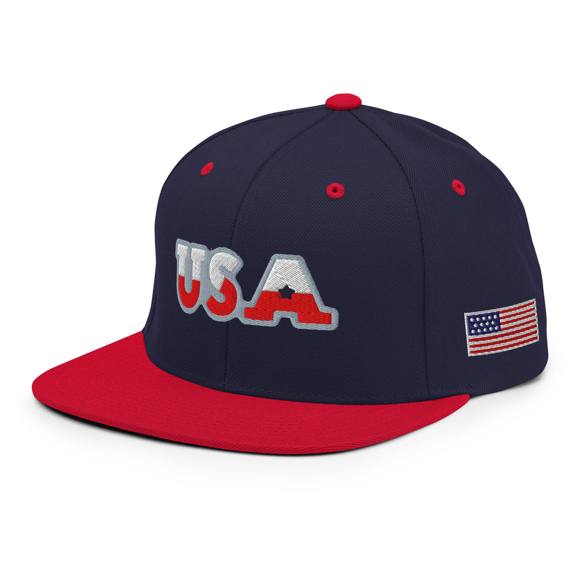 USA Puff Heritage Split Premium Embroidered Snapback in Navy/Red left front with side flag | True American
