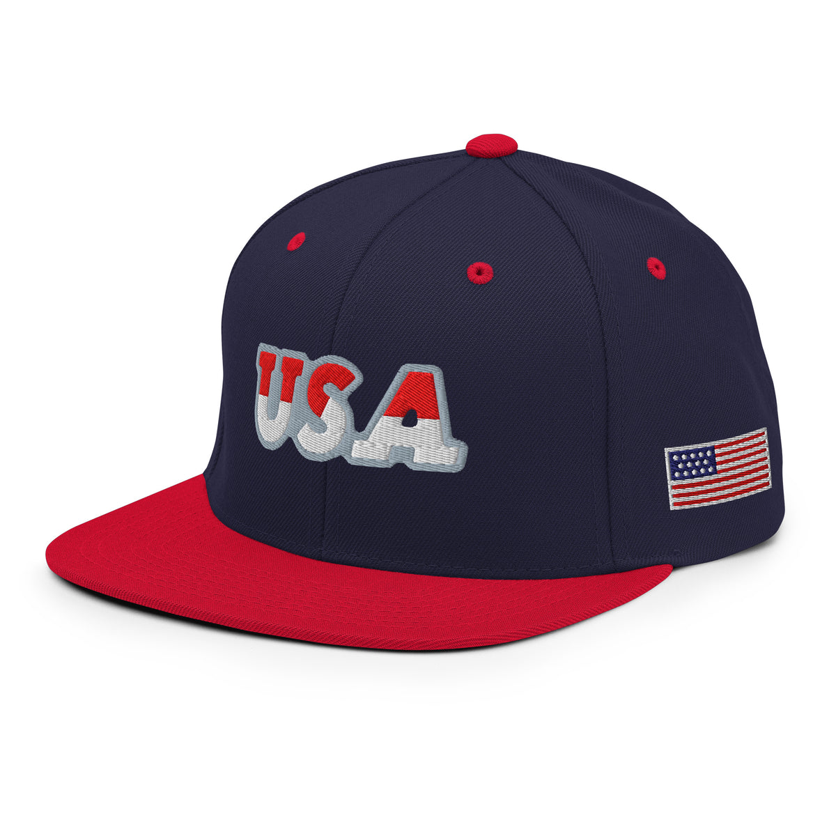 USA Puff Speed Slant Premium Embroidered Snapback in Navy/Red left front with side flag | True American