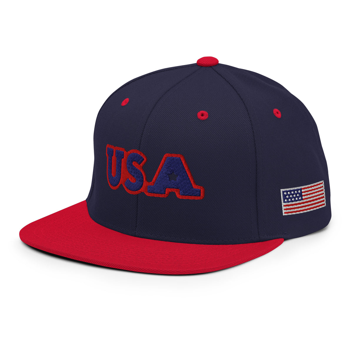 USA Puff Tonal Premium Embroidered Snapback in Navy/Red left front with side flag | True American