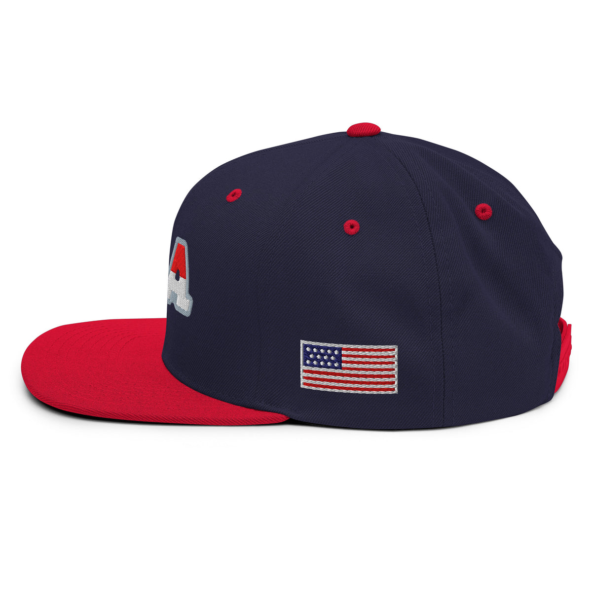 USA Puff Speed Slant Premium Embroidered Snapback in Navy/Red left side flag | True American