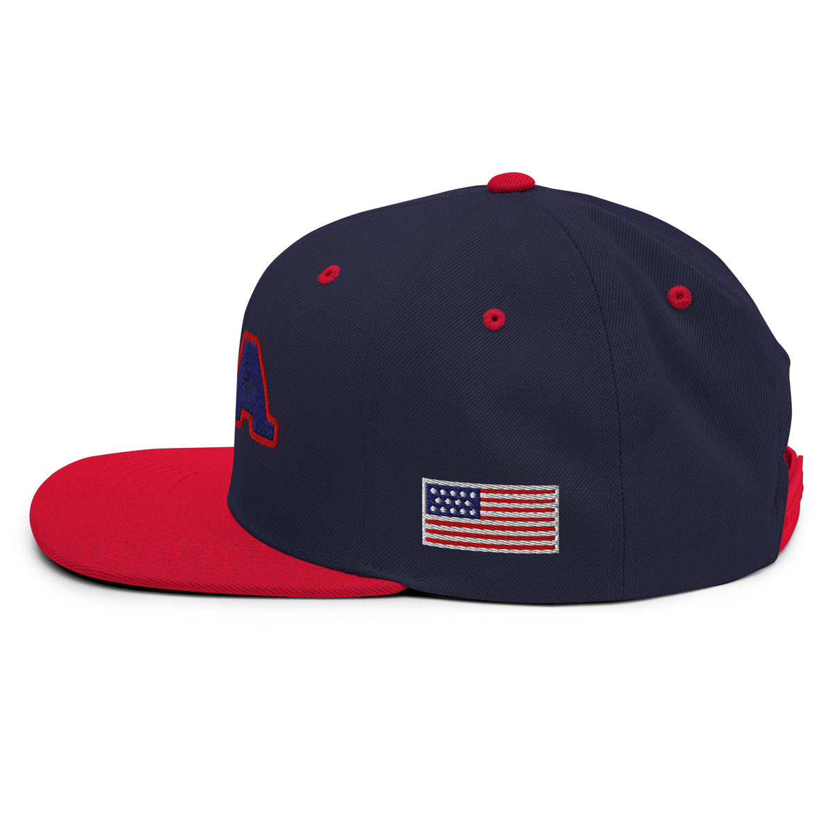 USA Puff Tonal Premium Embroidered Snapback in Navy/Red left side flag | True American