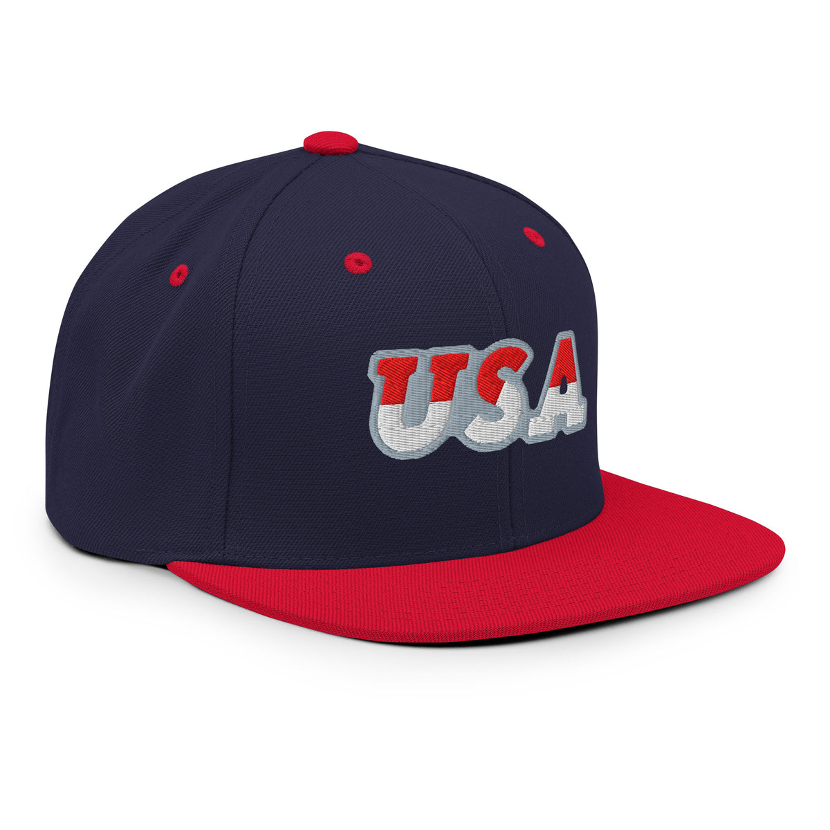 USA Puff Speed Slant Premium Embroidered Snapback in Navy/Red right front | True American