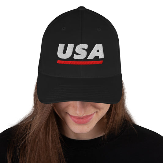 USA Puff Athletic Premium Embroidered Flexfit Cap Black front | True American