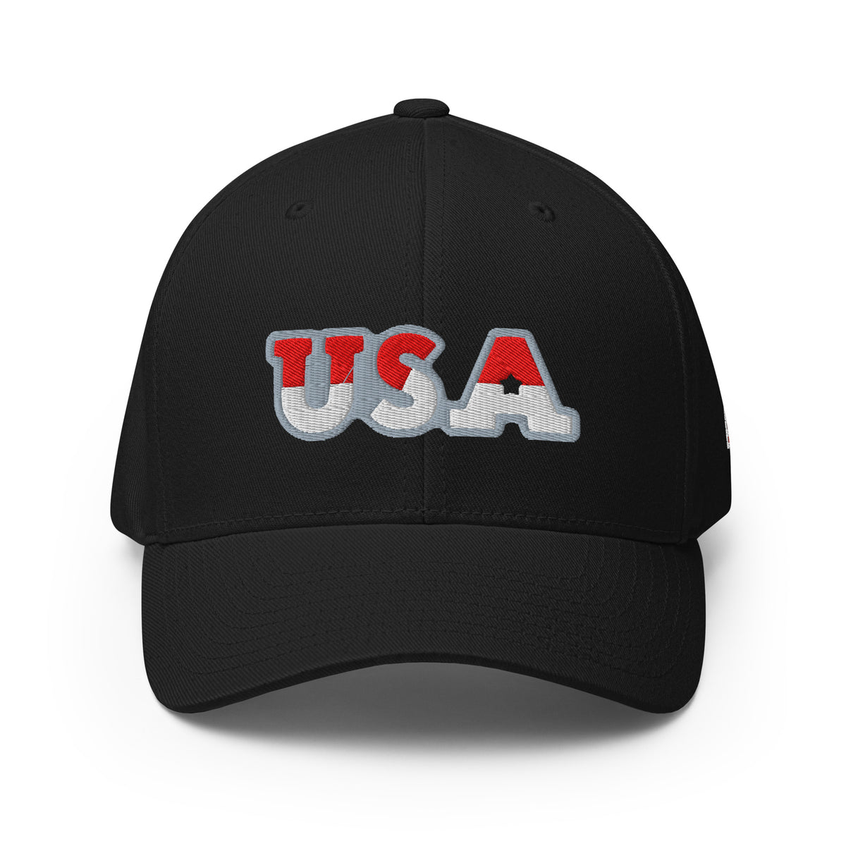 USA Puff Heritage Split Premium Embroidered Flexfit Cap in Black front | True American