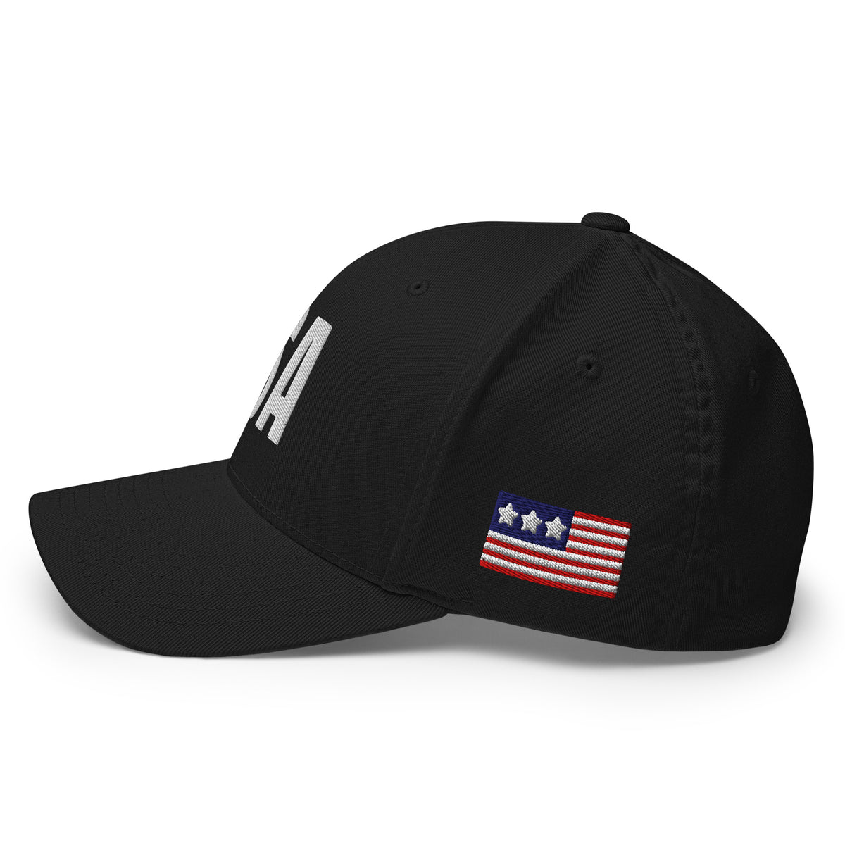 USA Puff Varsity Premium Embroidered Flexfit Cap Black left side flag | True American