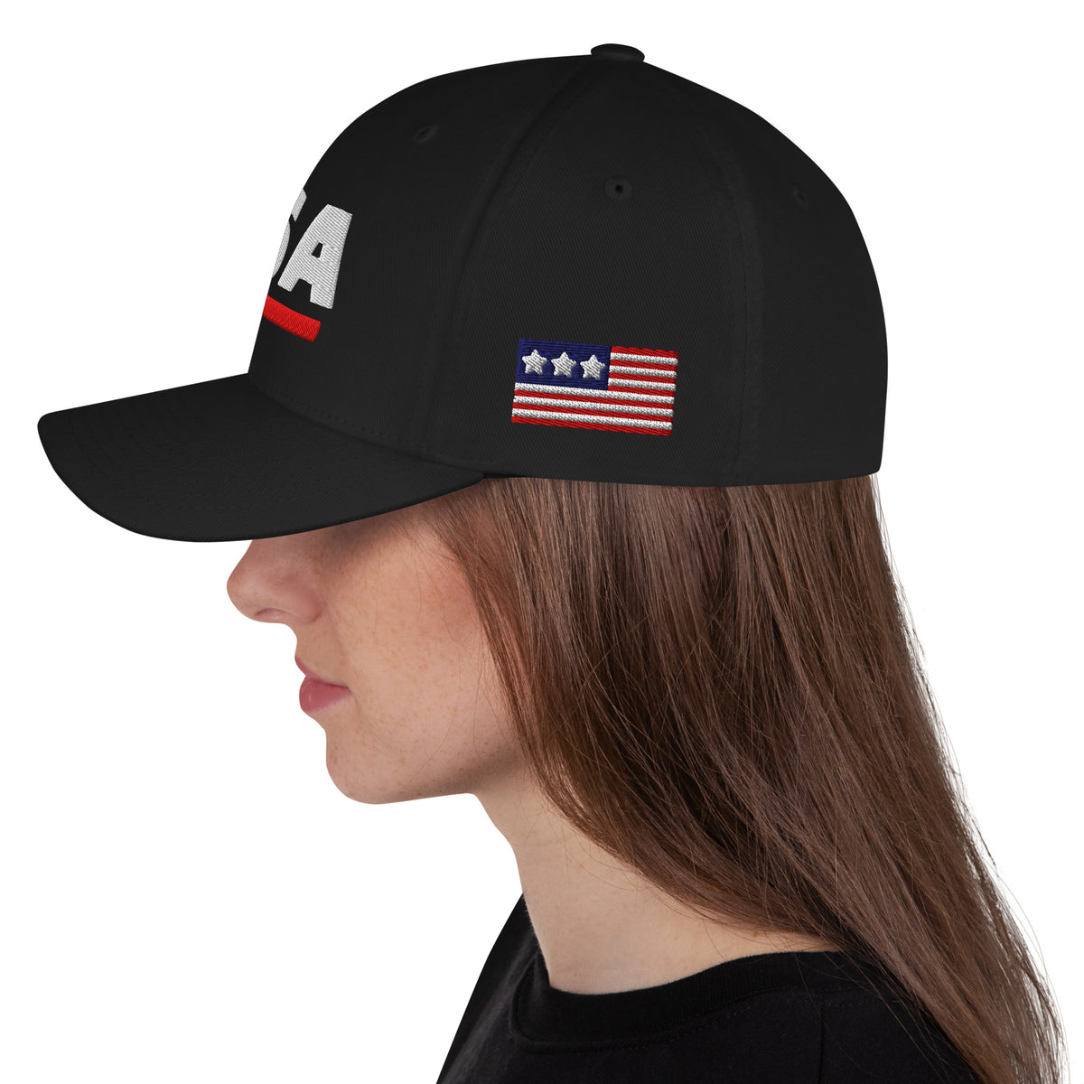 USA Puff Athletic Premium Embroidered Flexfit Cap Black left side flag | True American