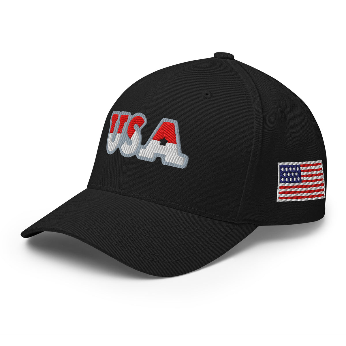USA Puff Heritage Split Premium Embroidered Flexfit Cap in Black left front with side flag | True American