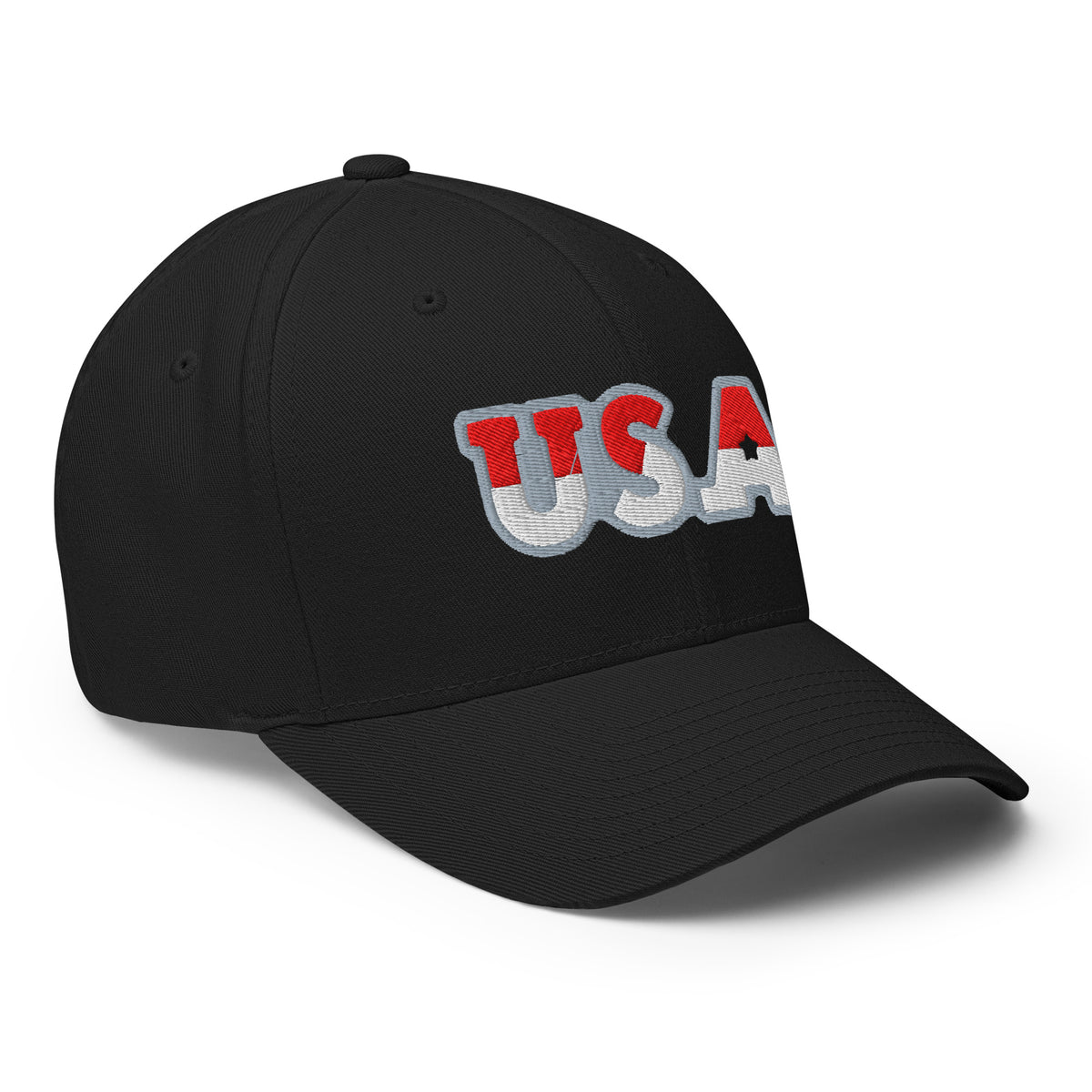 USA Puff Heritage Split Premium Embroidered Flexfit Cap in Black right front | True American