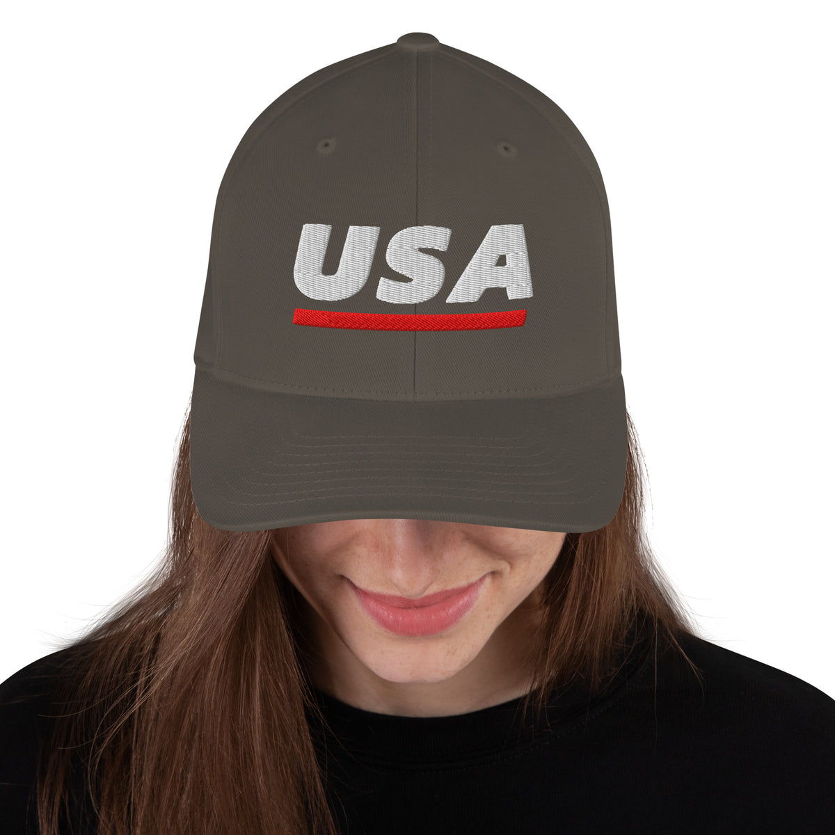 USA Puff Athletic Premium Embroidered Flexfit Cap Dark Grey front | True American
