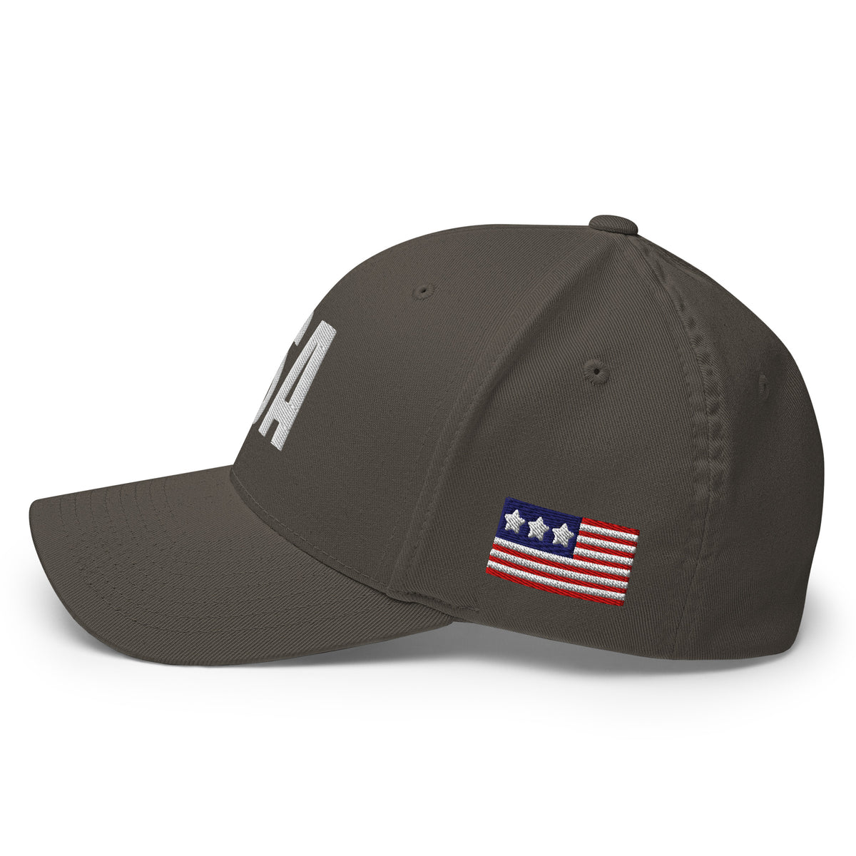USA Puff Varsity Premium Embroidered Flexfit Cap Dark Grey left side flag | True American