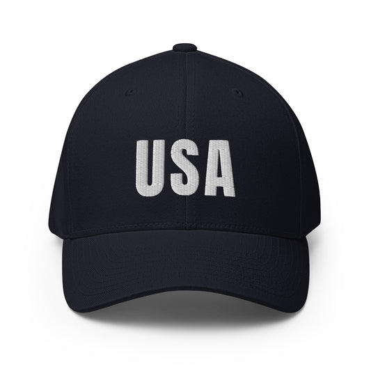 USA Puff Varsity Premium Embroidered Flexfit Cap Navy front | True American