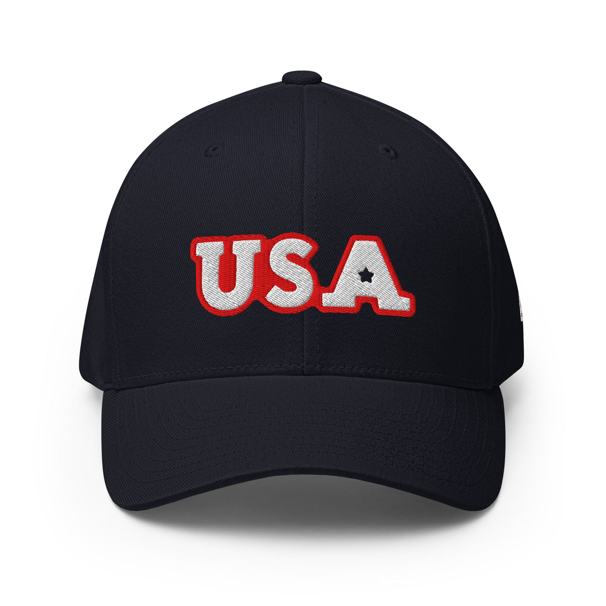 USA Puff Star A Varsity Premium Embroidered Flexfit Cap in Navy front | True American