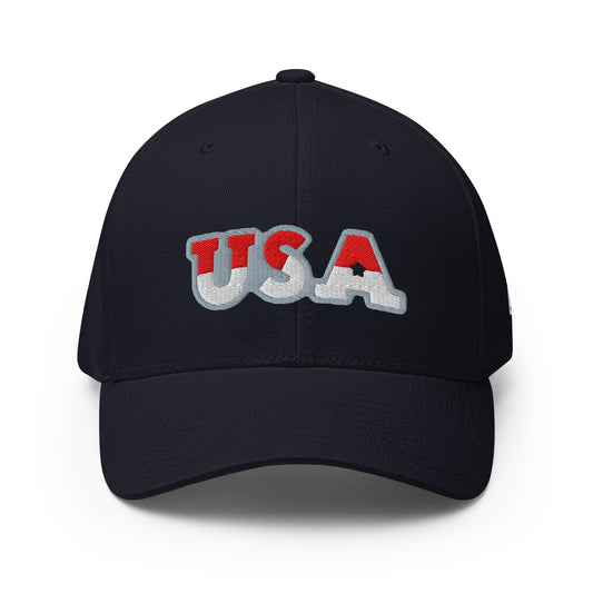 USA Puff Arched Split Premium Embroidered Flexfit Cap in Navy front | True American
